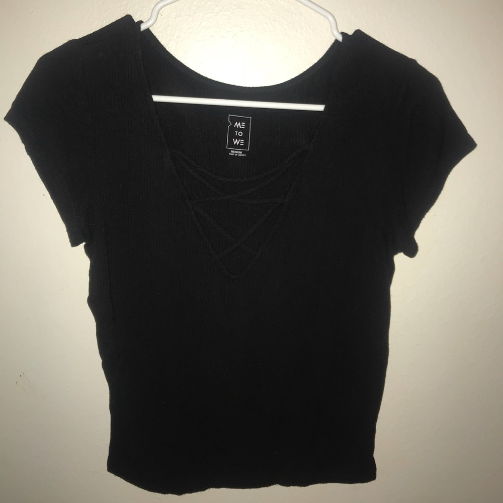 Black “Me To We” crisscross shirt